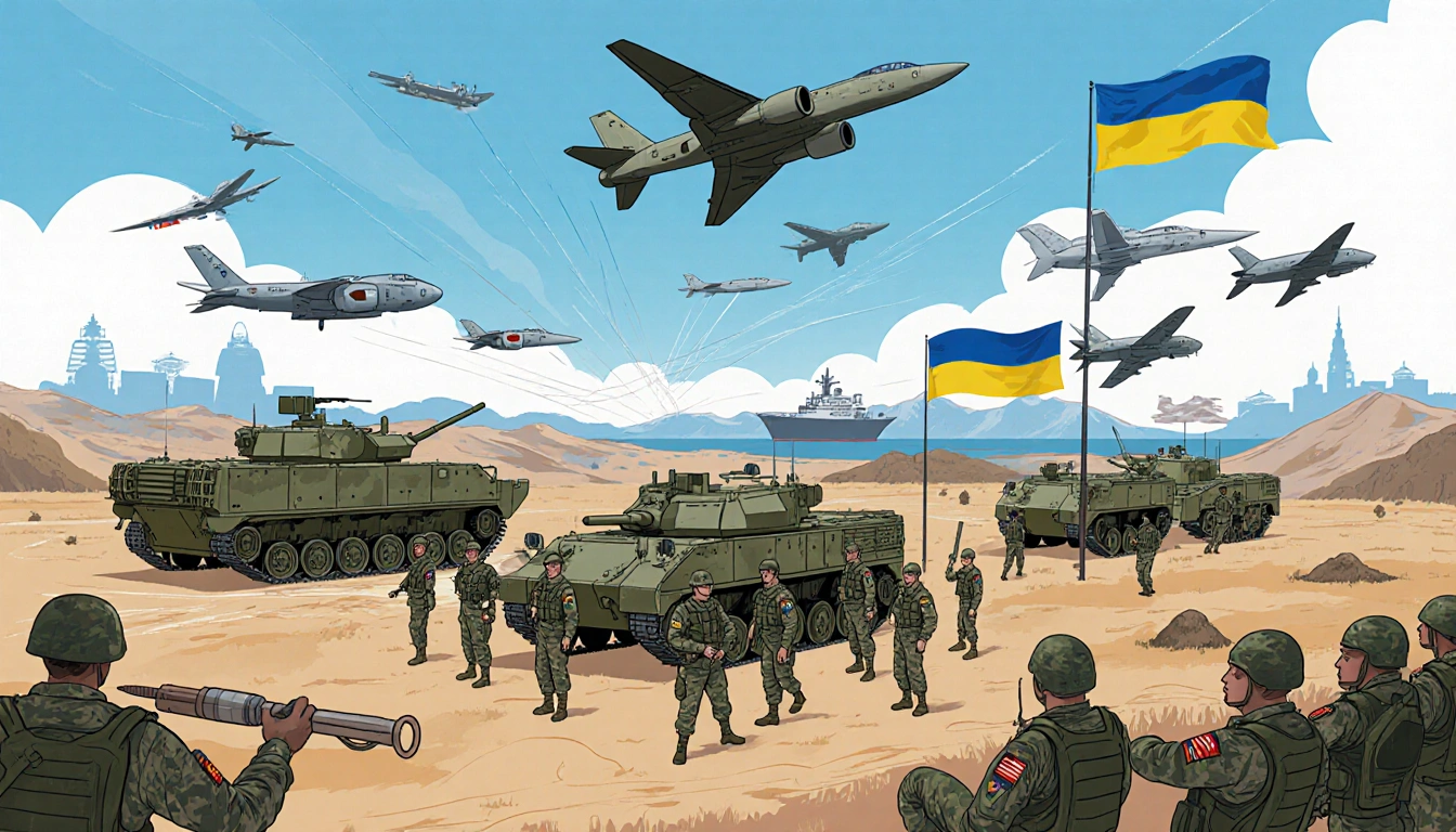 Ukrainian soldiers training with European NATO forces in armored vehicles and aircraft over stylized Ukrainian landscape.