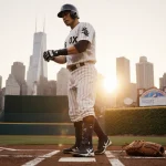 Murakami stepping up to the plate on a baseball field with Chicago skyline and sunset lighting.