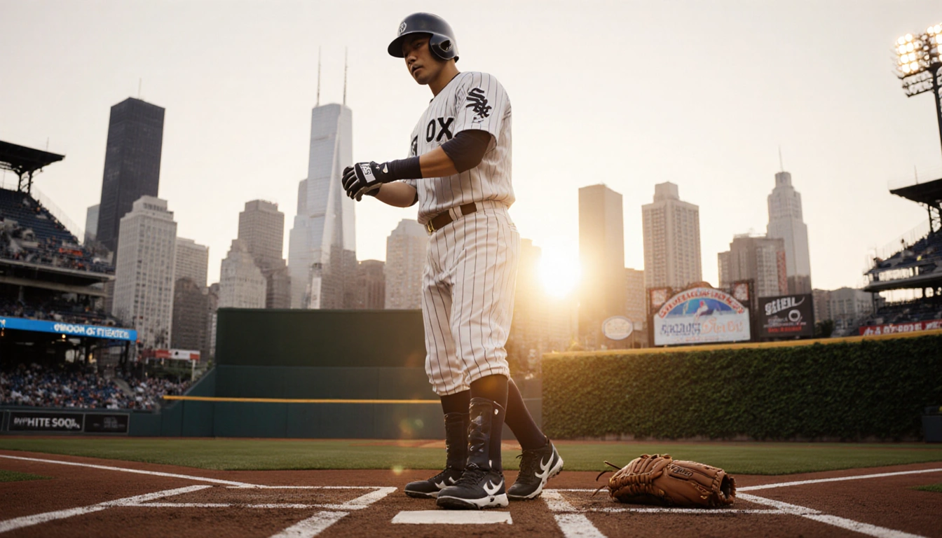 Murakami stepping up to the plate on a baseball field with Chicago skyline and sunset lighting.