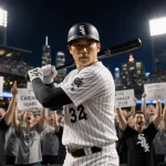 Munetaka Murakami standing with baseball bat and White Sox stadium lights shining on face with Chicago skyline in background