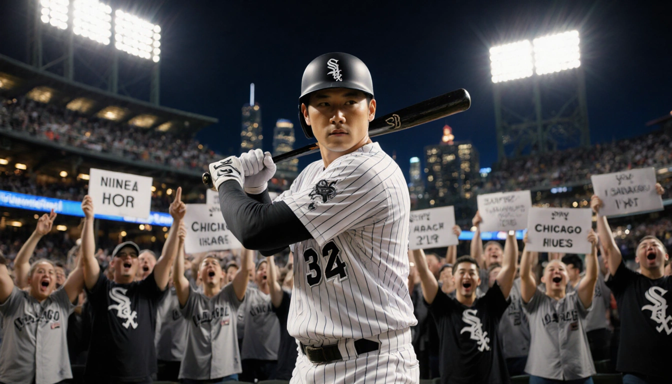Munetaka Murakami standing with baseball bat and White Sox stadium lights shining on face with Chicago skyline in background