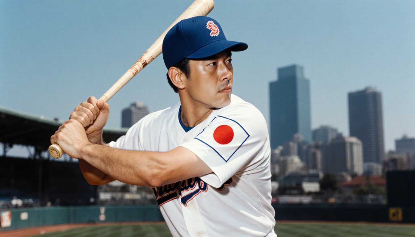 Murakami holding a baseball bat left-handed wearing a Swallows jersey with a Japanese flag MVP blurred Tokyo skyline behind
