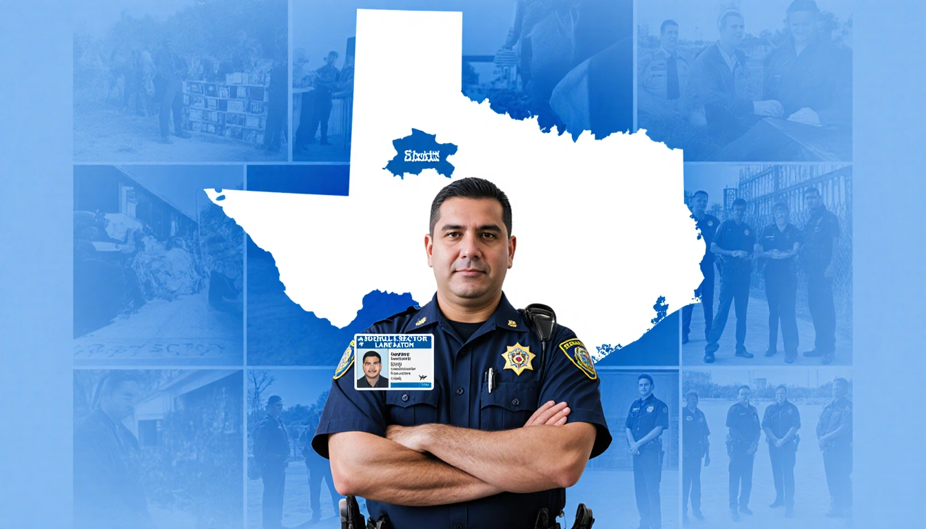 Muñoz stands before Texas map with Laredo Sector highlighted while holding a Border Patrol ID and badge of leadership