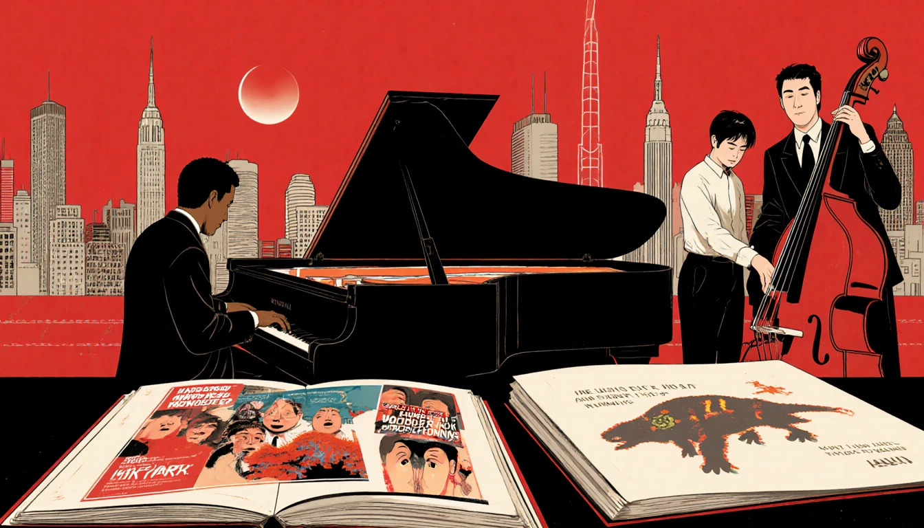 Jason Moran plays jazz piano with Reggie Workman on bass, vinyl records and Murakami titles set against a New York skyline