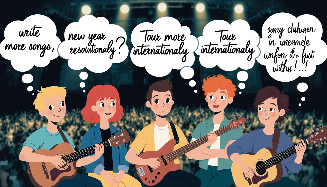 Musicians sit in circle with instruments and thought bubbles showing NY resolutions above cityscape.