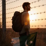 Nabeel Younis stands at the U.S.-Mexico border fence looking ahead with a backpack and a crumpled Pakistani flag at his feet.