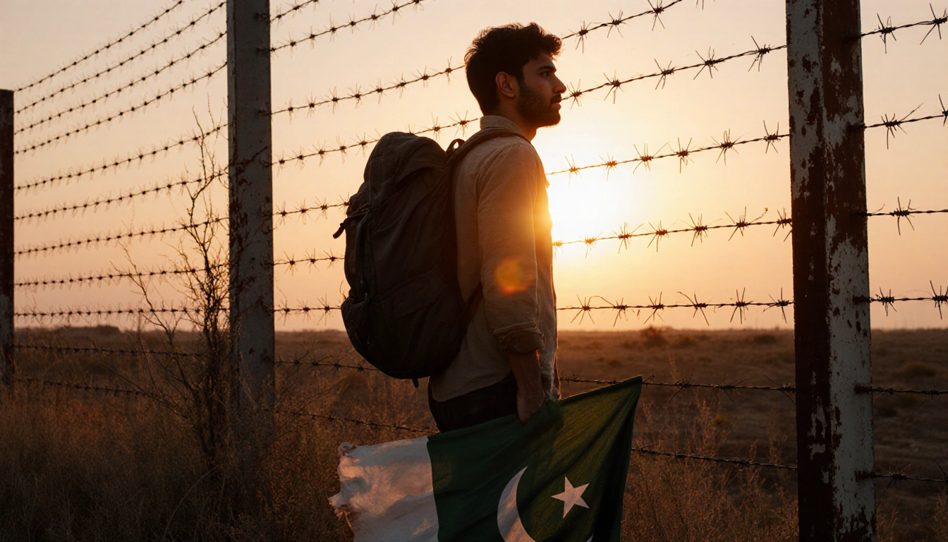 Nabeel Younis stands at the U.S.-Mexico border fence looking ahead with a backpack and a crumpled Pakistani flag at his feet.