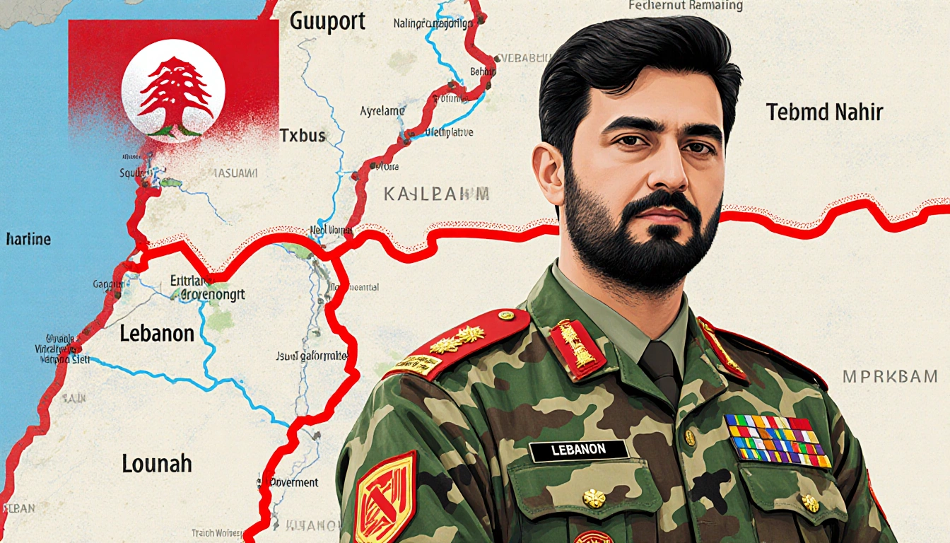 Naim Kassem stands before Lebanon map with red line along Litani River and military and Hezbollah symbol and flag and tension