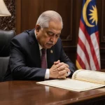 Former Prime Minister Najib Razak sits at desk with certificate bowed hands clasped Malaysian flag behind.
