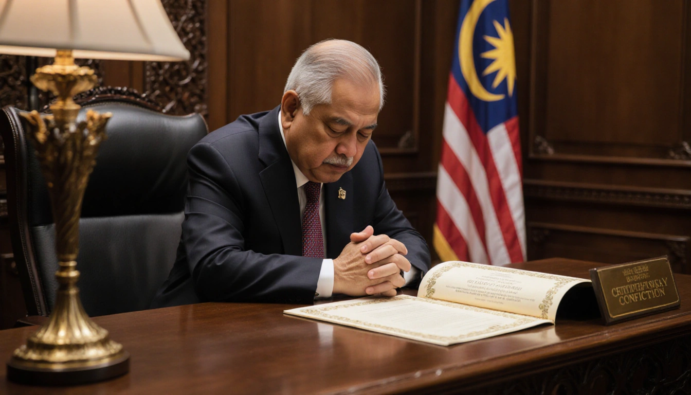 Former Prime Minister Najib Razak sits at desk with certificate bowed hands clasped Malaysian flag behind.