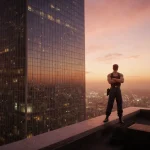 Lone figure arms crossed gazing over Nakatomi Plaza rooftop at sunset with neon city lights