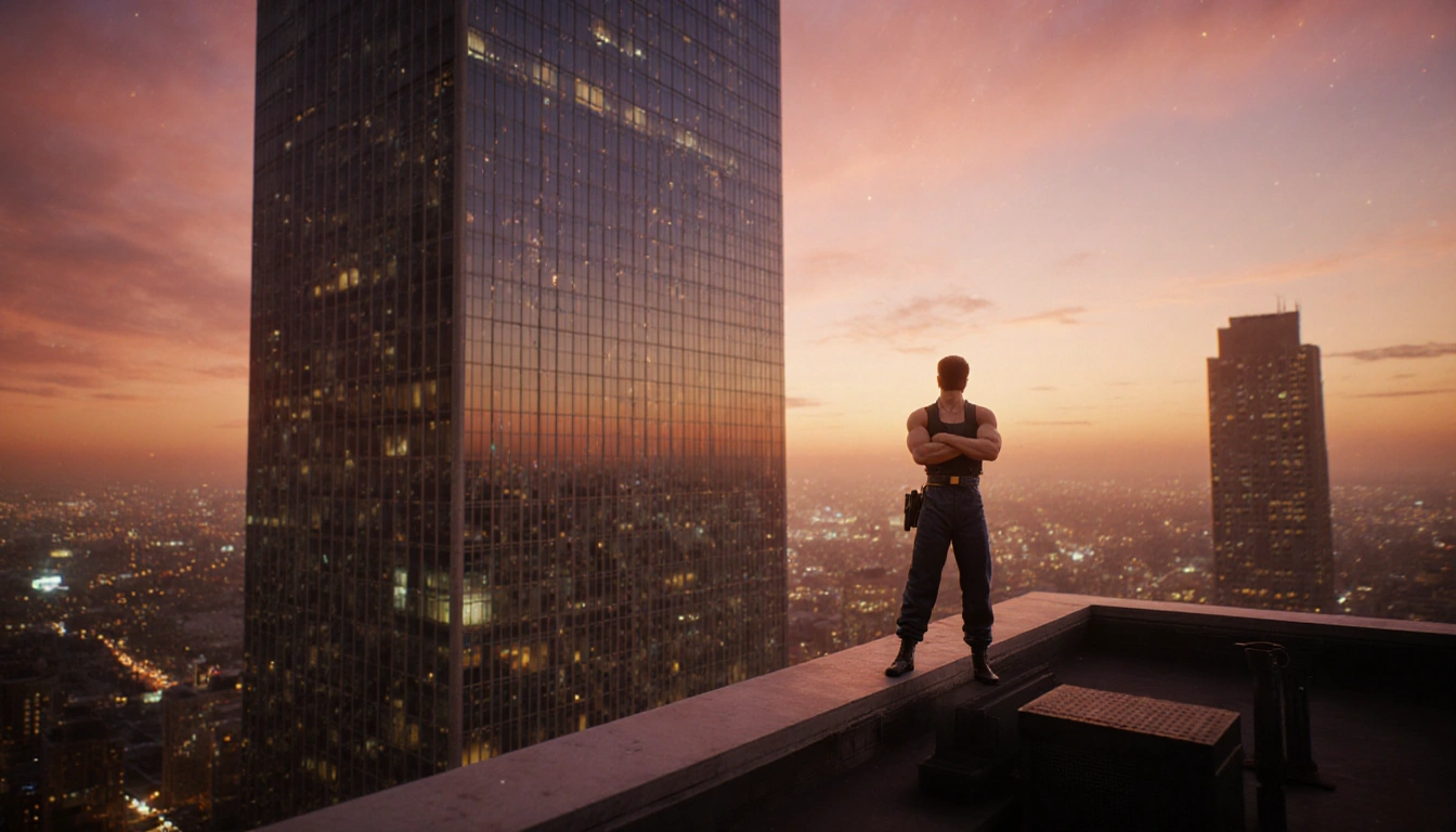 Lone figure arms crossed gazing over Nakatomi Plaza rooftop at sunset with neon city lights