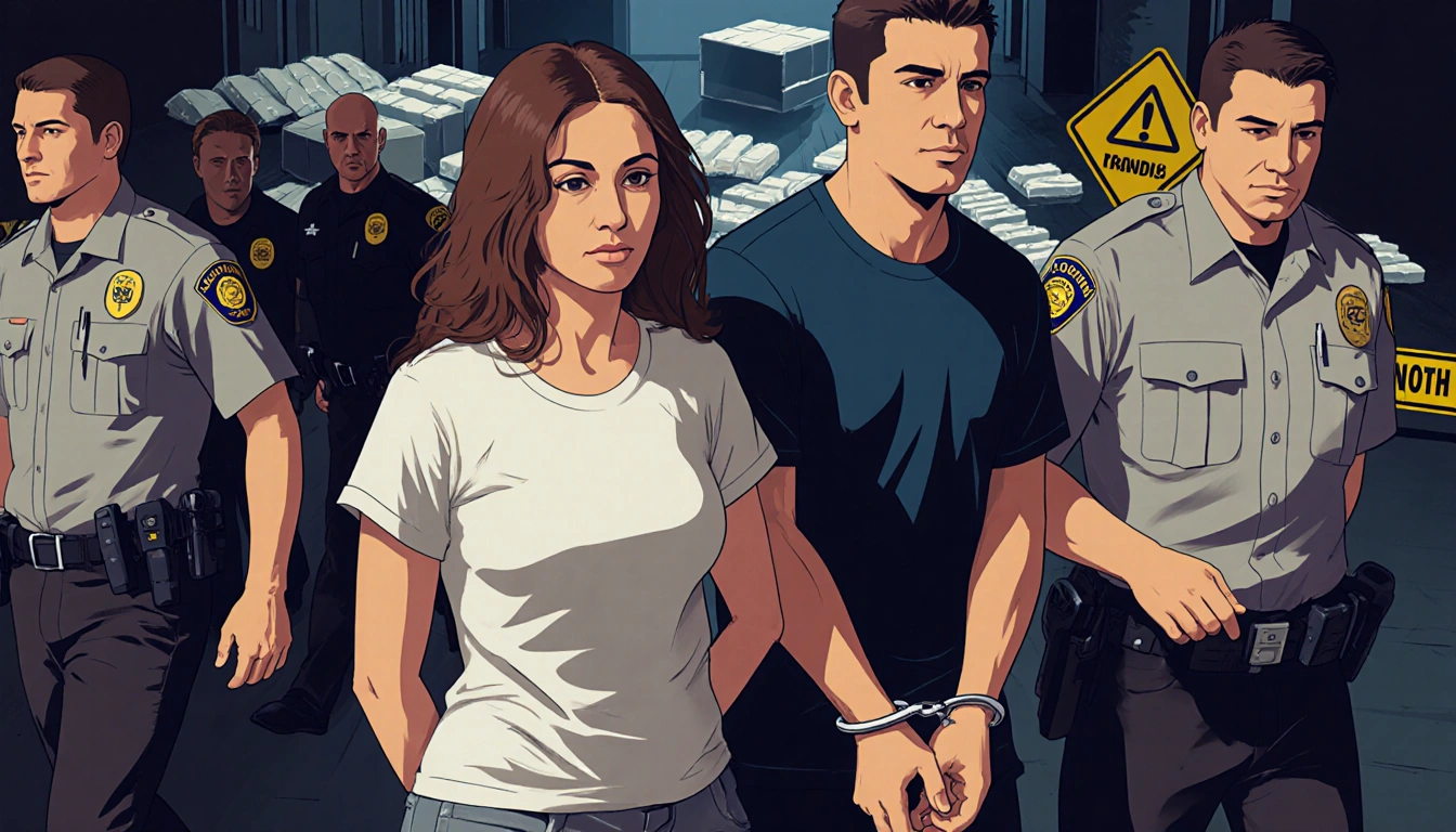 Karin Erika Mince and Marcos Antonio Hernandez are led away in handcuffs with police tape in a blurred narcotics scene.