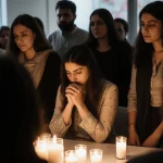 Woman sits at table with candles glowing and hospital window in background during memorial gathering.