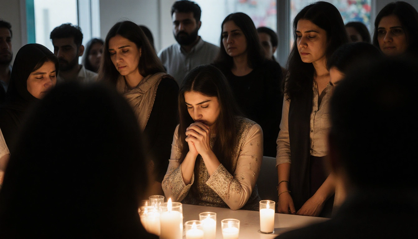 Woman sits at table with candles glowing and hospital window in background during memorial gathering.