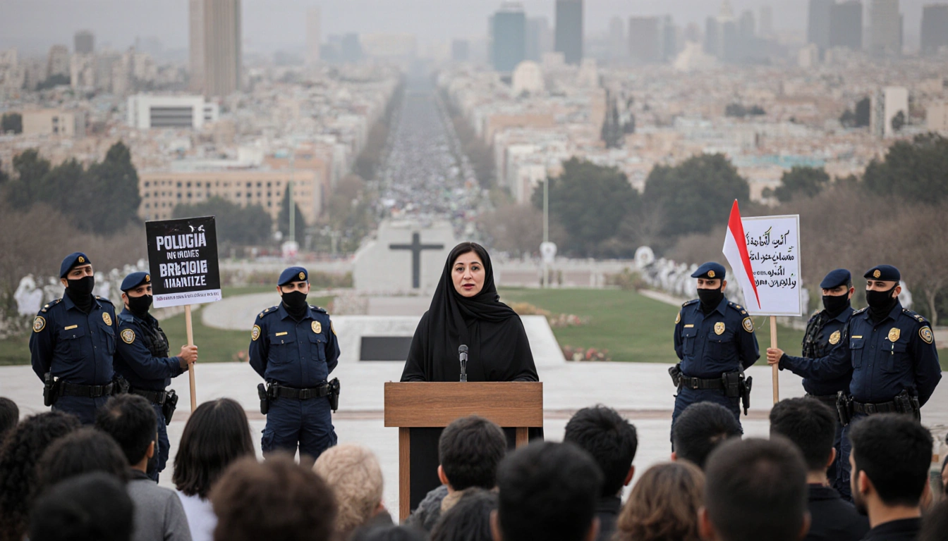 Narges Mohammadi addressing a crowd with blurred cityscape behind and security forces surrounding and protest signs visible.