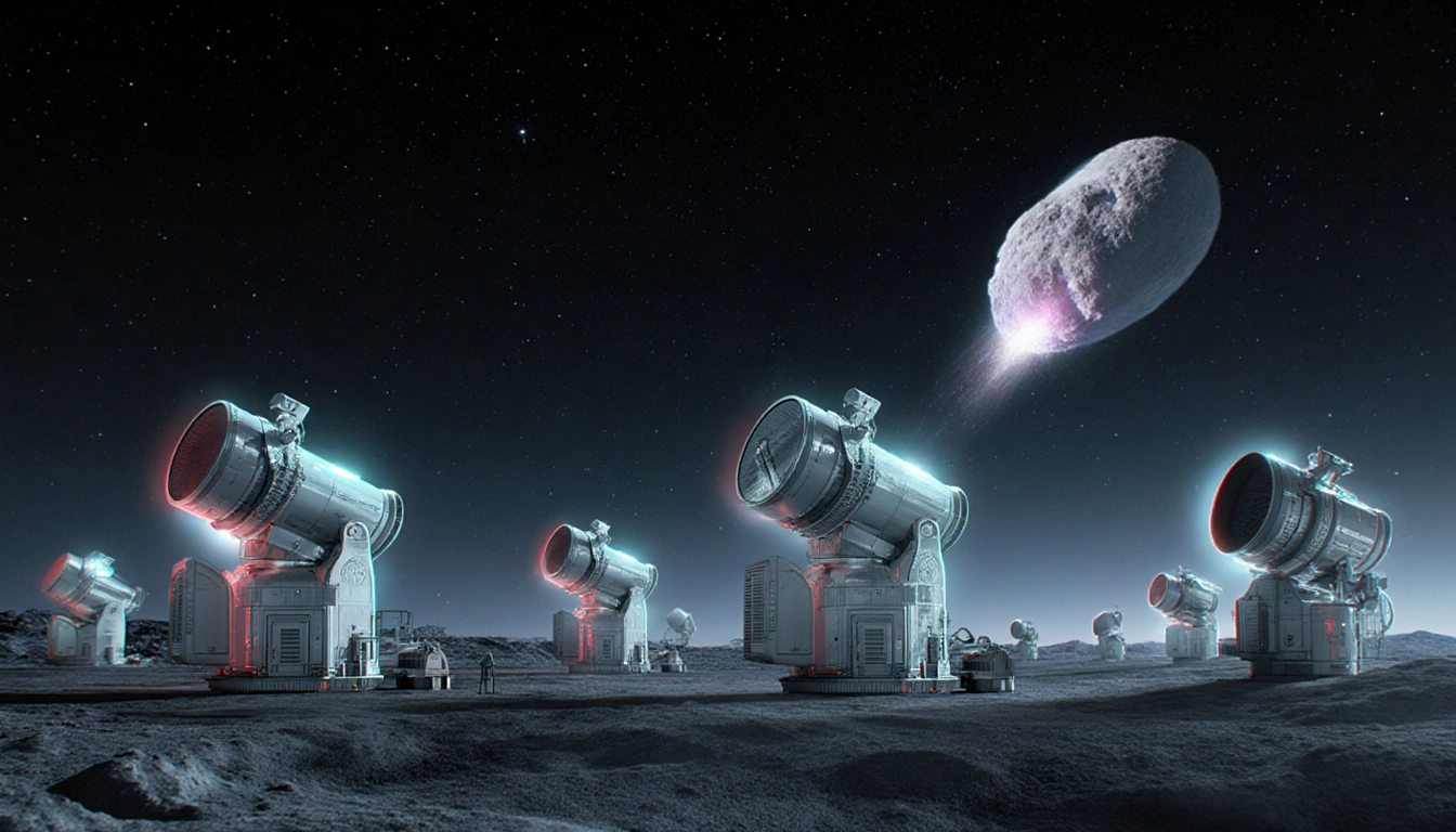 NASA telescope array tracking interstellar comet with glowing instruments and icy surface.