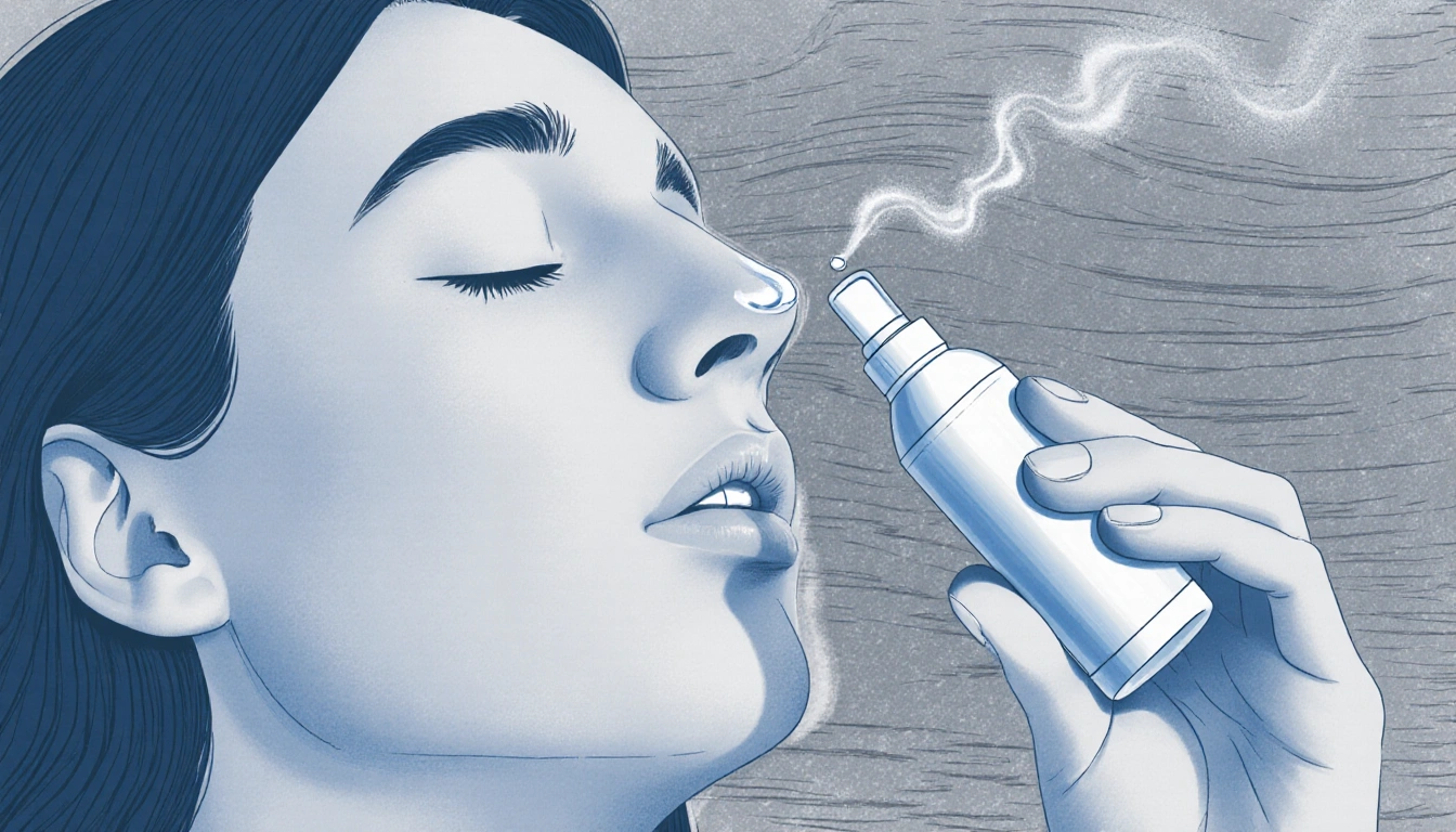 Person spraying nasal gel spray into nostril with droplet on tip while relaxing in blue background