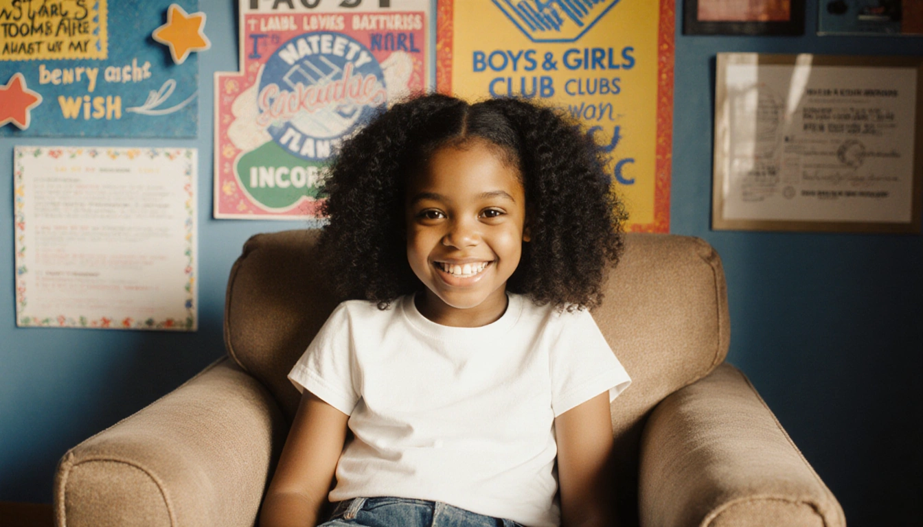Na'Siah childhood girl smiles while seated on a couch with colorful posters and inspirational quotes in Boys & Girls Clubs
