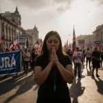 Nasry Asfura standing center of Plaza Mayor with Honduran flags and banners protesters in background.