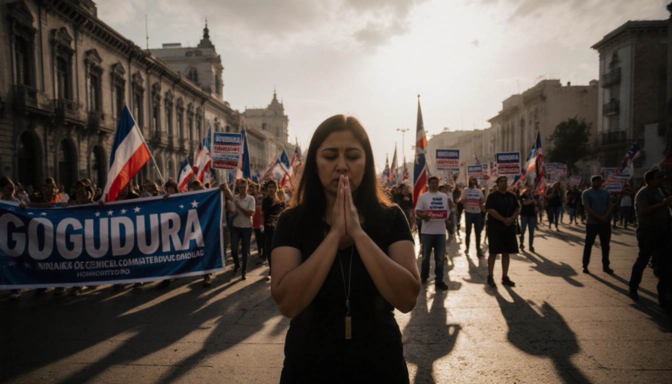 Nasry Asfura standing center of Plaza Mayor with Honduran flags and banners protesters in background.