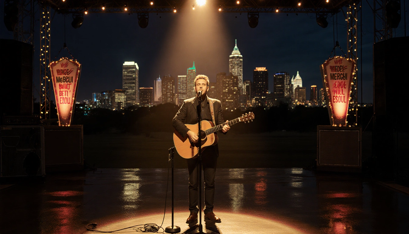 Nate Amor sings live on dim stage with golden light from a vintage guitar and Austin skyline reflected on wet pavement.