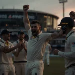 Nathan Lyon celebrates Ashes wickets with arms up while teammates cheer near Lord