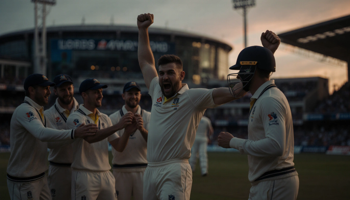 Nathan Lyon celebrates Ashes wickets with arms up while teammates cheer near Lord
