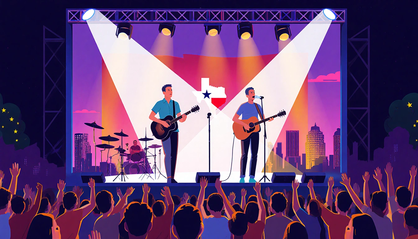 Nathaniel Rateliff and Lamont Landers playing live music with stage lights over a nighttime crowd and Austin skyline in backg