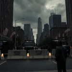 Hoodie figure looking up at National Guard barricade with black vehicles and flags fluttering over cityscape