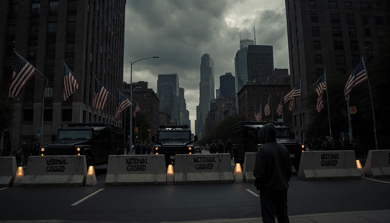 Hoodie figure looking up at National Guard barricade with black vehicles and flags fluttering over cityscape