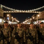 National Guard members standing watch with rifles slung and golden light on Bourbon Street near the Mississippi bridge