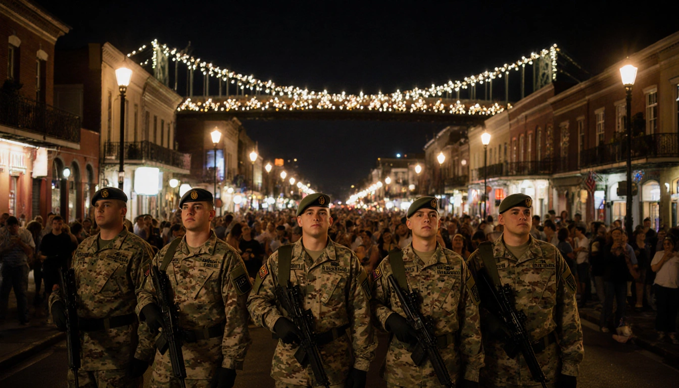 National Guard members standing watch with rifles slung and golden light on Bourbon Street near the Mississippi bridge