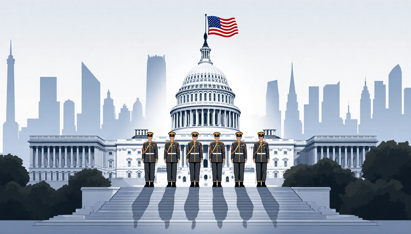 National Guard standing on Capitol steps with American flag waving above them near blurred Washington DC cityscape