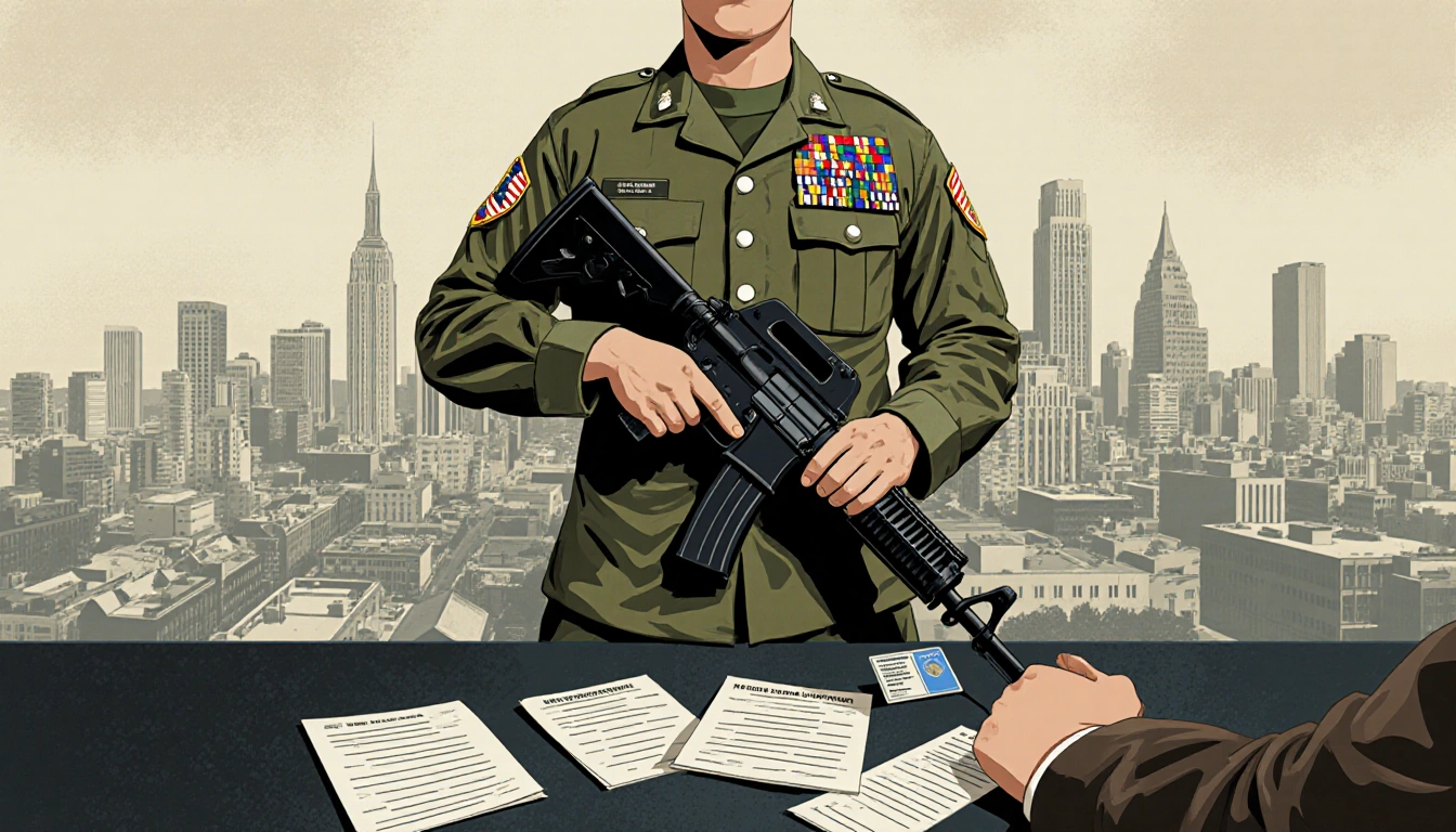 National Guard member stands ready with rifle near immigration papers against a subtle New Orleans city backdrop