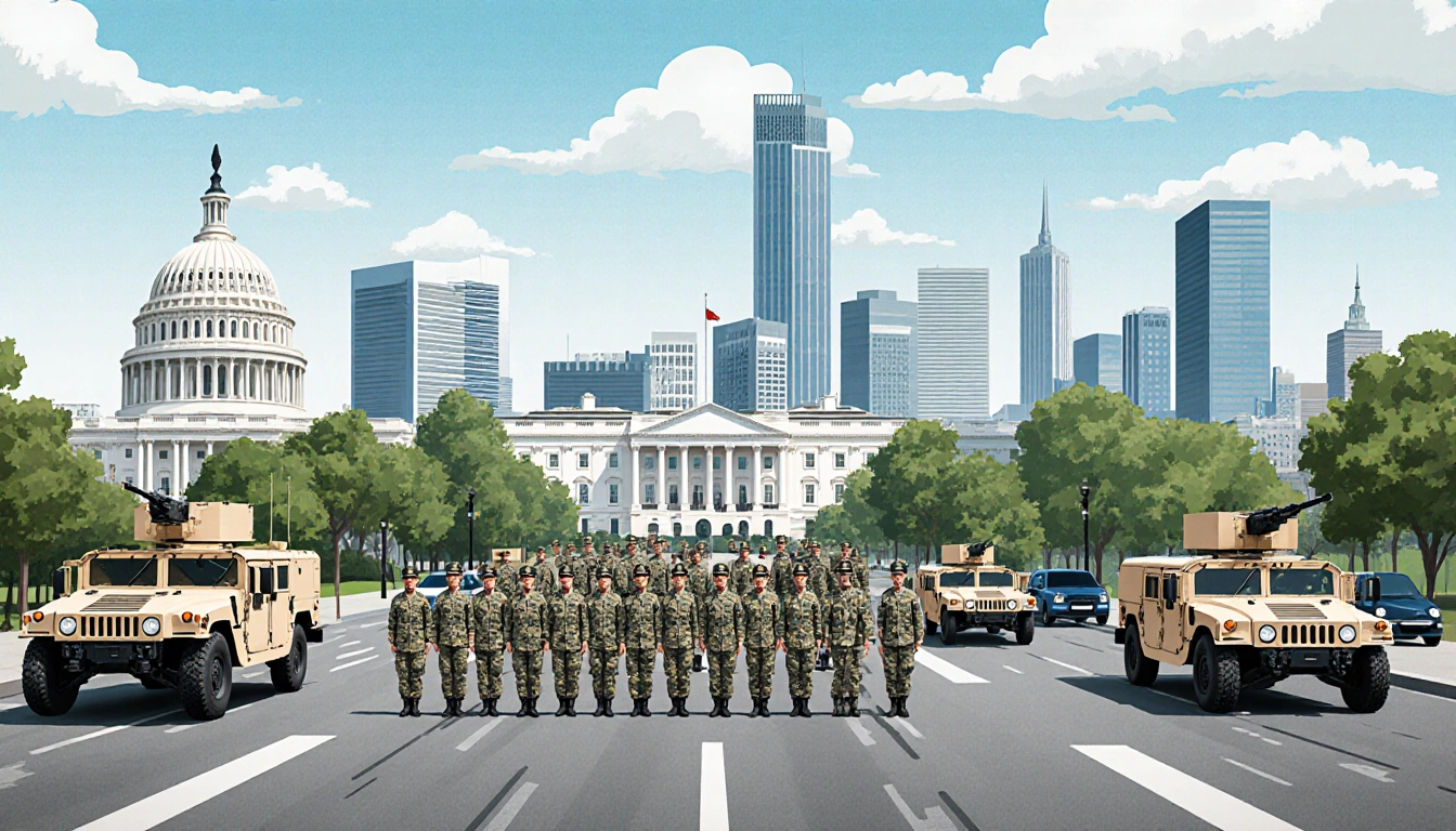 National Guard troops patrol Washington D.C. streets with Humvees and armored cars near the Capitol.