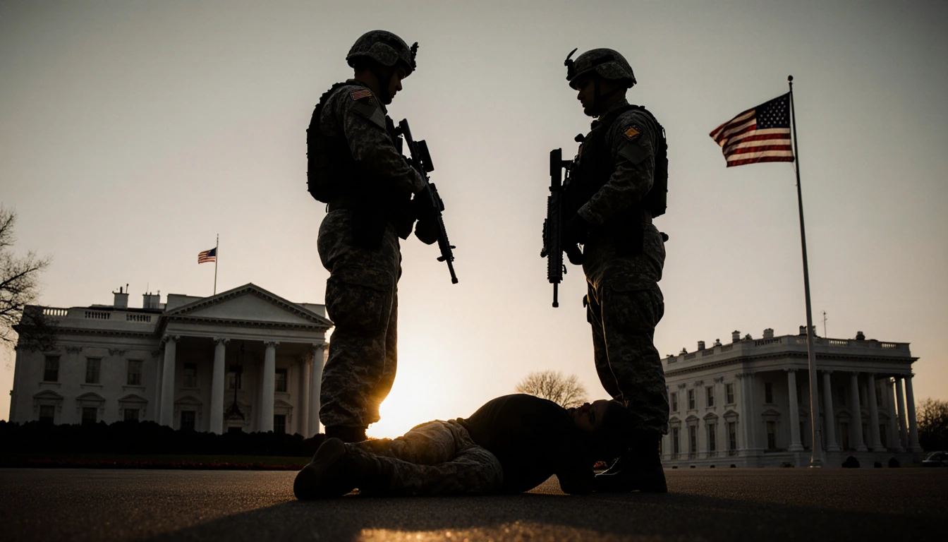 Guard troops stand with wounded soldier on ground and suspect looks toward White House under sunset.