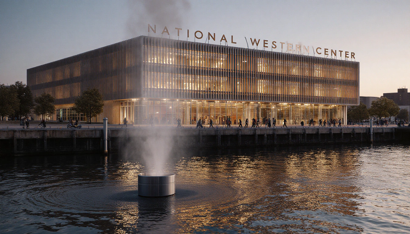 Modern building with warm golden light and a sleek metallic pipe emitting vapor showing heat recovery near riverfront