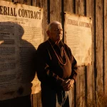 Native American elder standing beside faded Federal Contract poster on wooden wall with sunset glow over prairie hills.