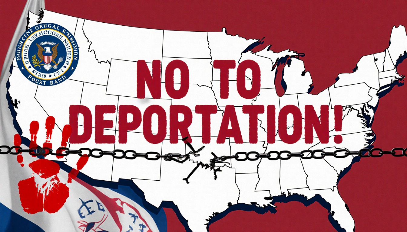 Protest banner showing NO TO DEPORTATION with crimson letters and broken chain symbolizing relocation on Native American