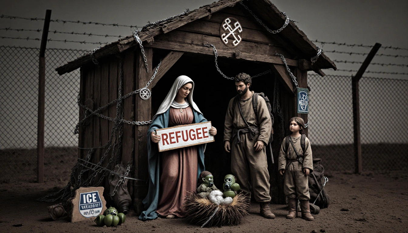 Holy Family standing before a nativity shelter with a Refugee sign and barbed wire fence and tattered clothing