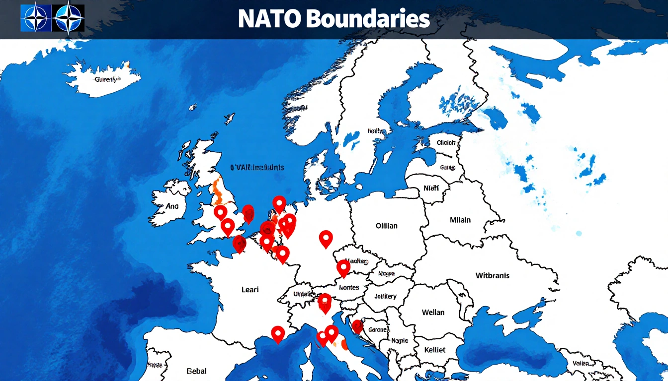 Map of Europe shows 76,000 U.S. service members with red pins and NATO title.