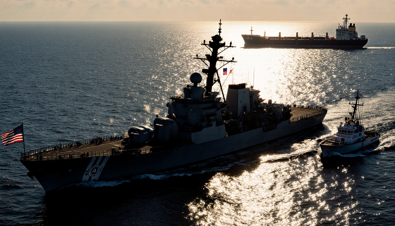 Destroyer cutting waves with propellers and a Coast Guard cutter beside it waving a red and white flag, a distant cargo ship