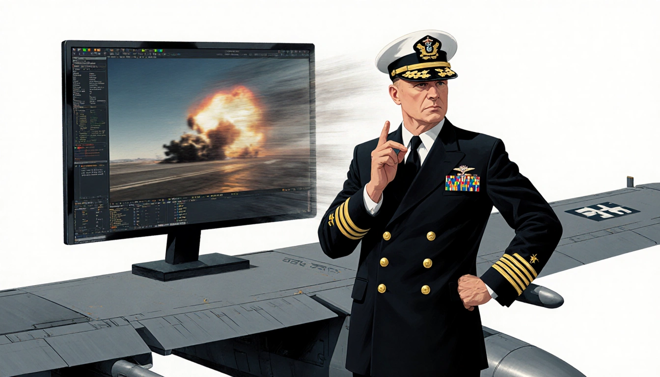 Navy admiral pointing to computer screen with aircraft wing and grainy strike footage in background