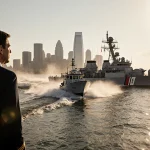 Destroyer intercepts Venezuelan speedboat with Guard cutters and whirlpool as Senator watches from dock near Austin skyline