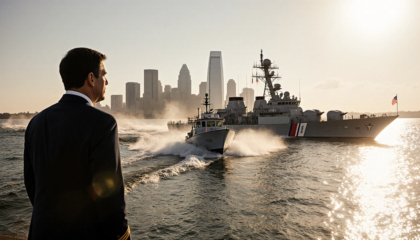 Destroyer intercepts Venezuelan speedboat with Guard cutters and whirlpool as Senator watches from dock near Austin skyline
