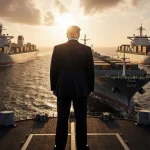 U.S. Navy destroyer blocking a massive oil tanker with sunset gold glow and a shadowy figure on its deck.