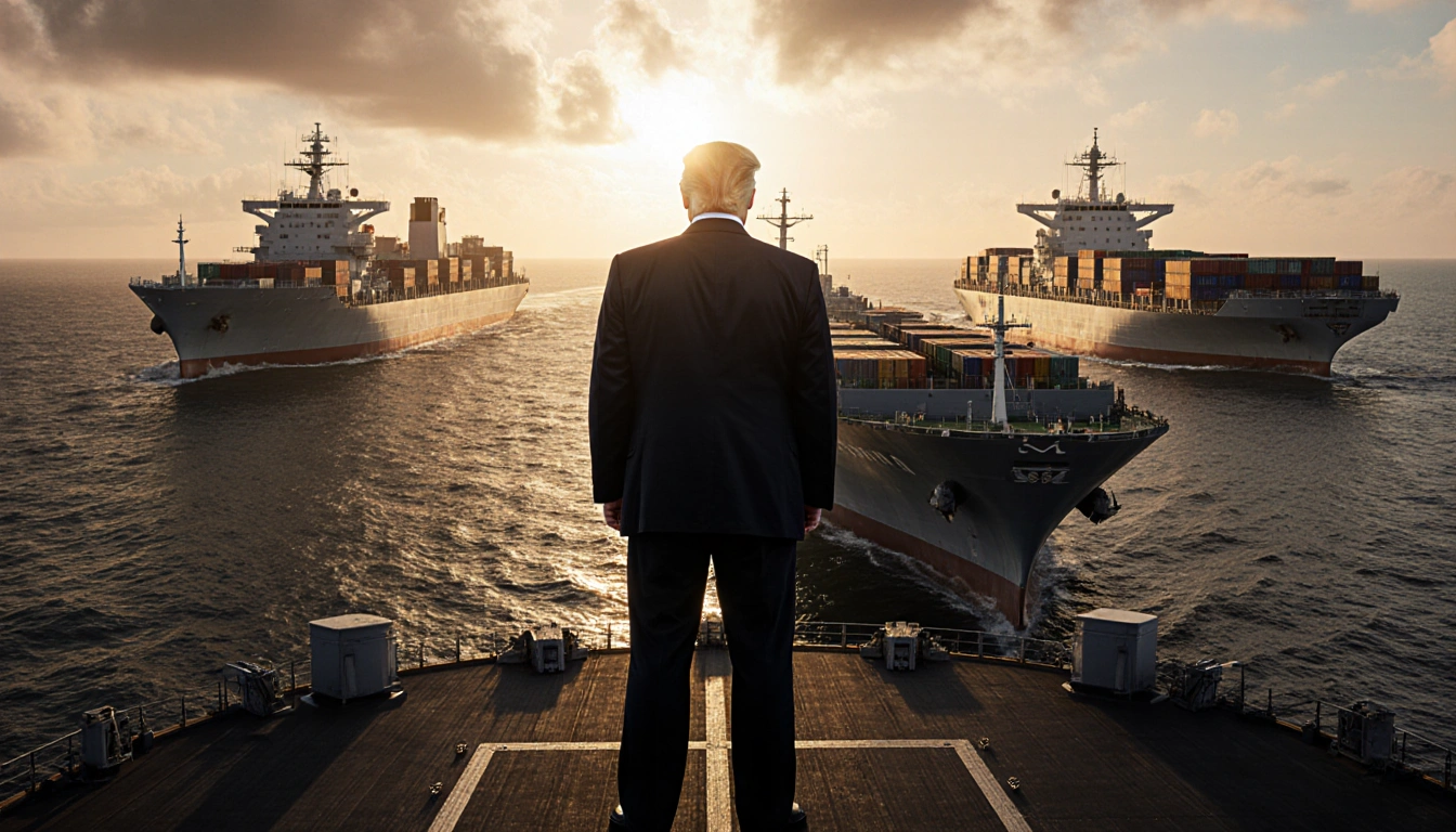 U.S. Navy destroyer blocking a massive oil tanker with sunset gold glow and a shadowy figure on its deck.