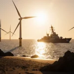 Navy destroyer silhouette stands at wind farm edge with golden sunset and offshore turbines.