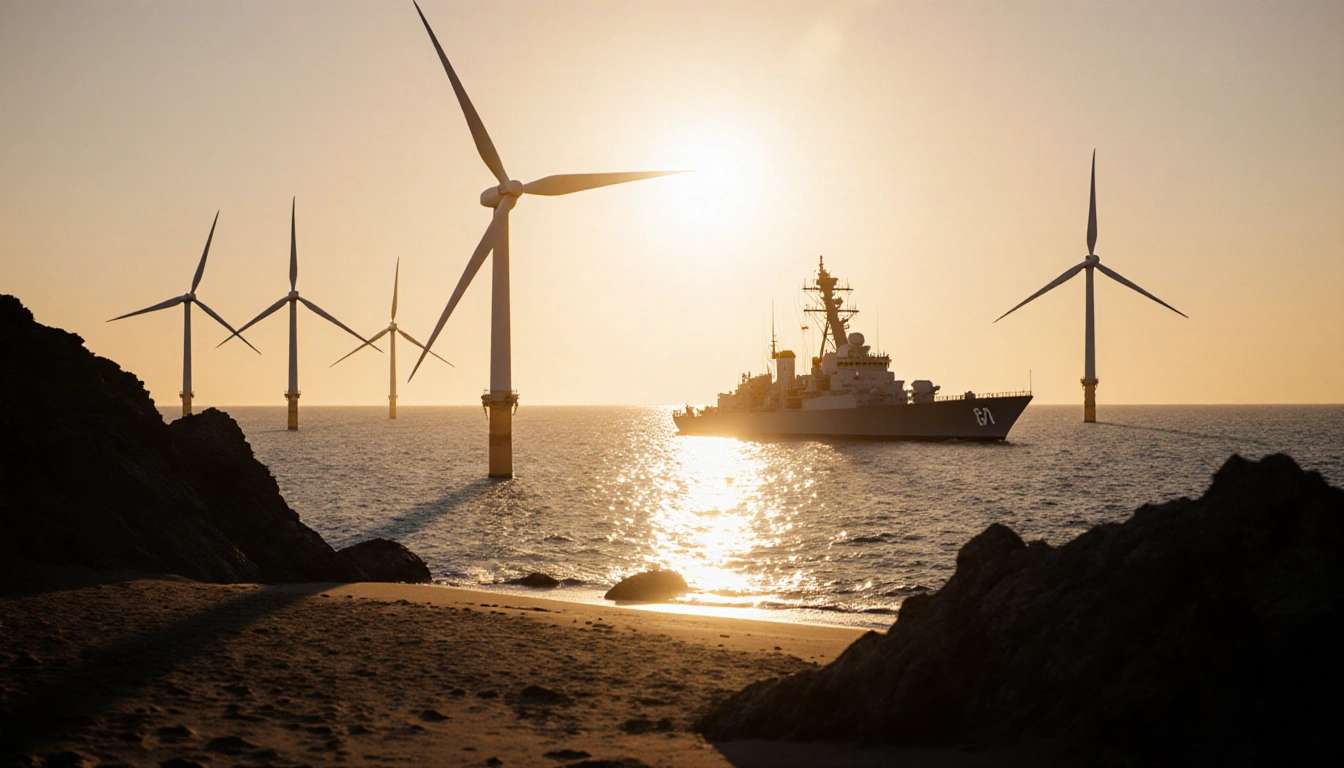 Navy destroyer silhouette stands at wind farm edge with golden sunset and offshore turbines.